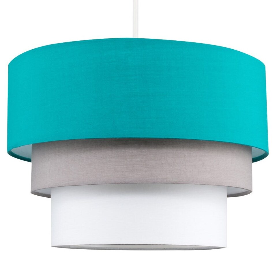 image 1 of ValueLights Aztec Pair of 3 Tier Teal Fabric Lamp Shades & Bulbs | Blue