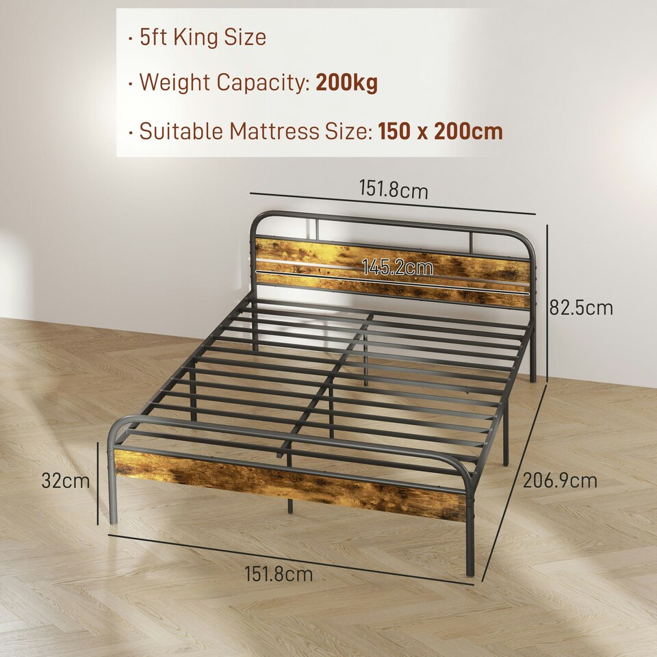 image 1 of HOMCOM King Bed Frame with Headboard, No Box Spring Needed, Brown