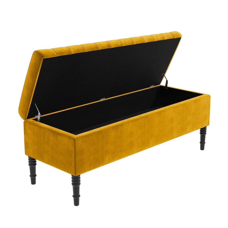 image 1 of 120cm Paris Striped Ottoman Storage Bench- Plush Velvet Shoe Bench - Mustard Gold Upholstery Footstool with Storage