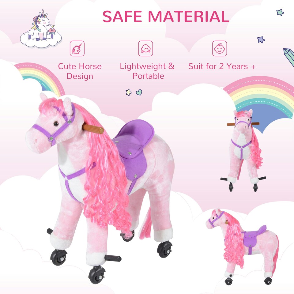 image 1 of HOMCOM Kids Walking Ride on Horse Toy Plush Walk Pony with Wheels Sound