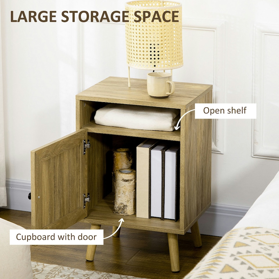 image 1 of HOMCOM Nightstand, Rattan Bedside Table w/ Cabinet, Shelf, Natural