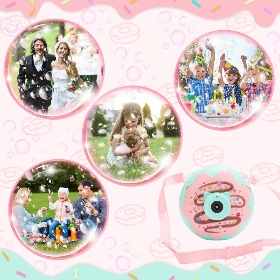image 1 of Donut Bubble Camera for Kids - Automatic Bubble Gun with Lights and Music - Fun Outdoor Bubble Machine for Birthdays and Parties (Green&Pink)