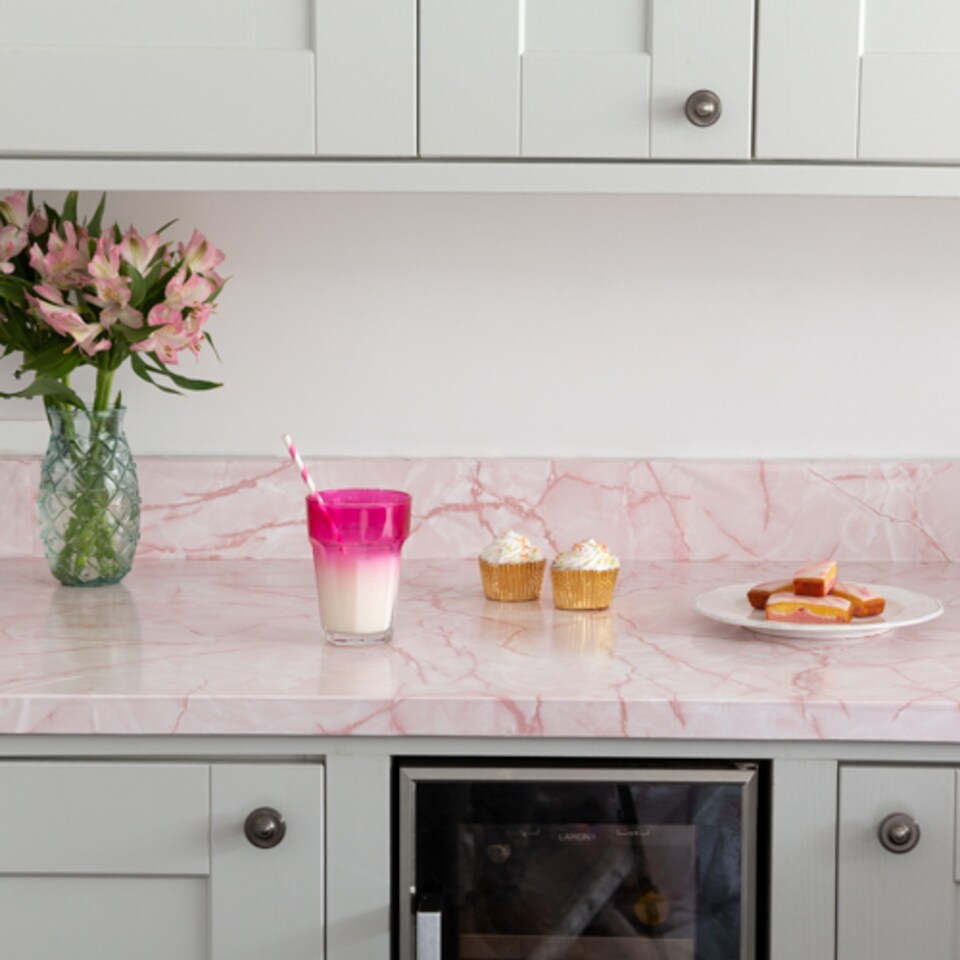 image 1 of Sticky Back Plastic Marble Pink Kitchen Self-adhesive Vinyl Wrap for Cupboards, Doors and Worktops 67.5cm x 2m (7 rolls) - d-c-fix