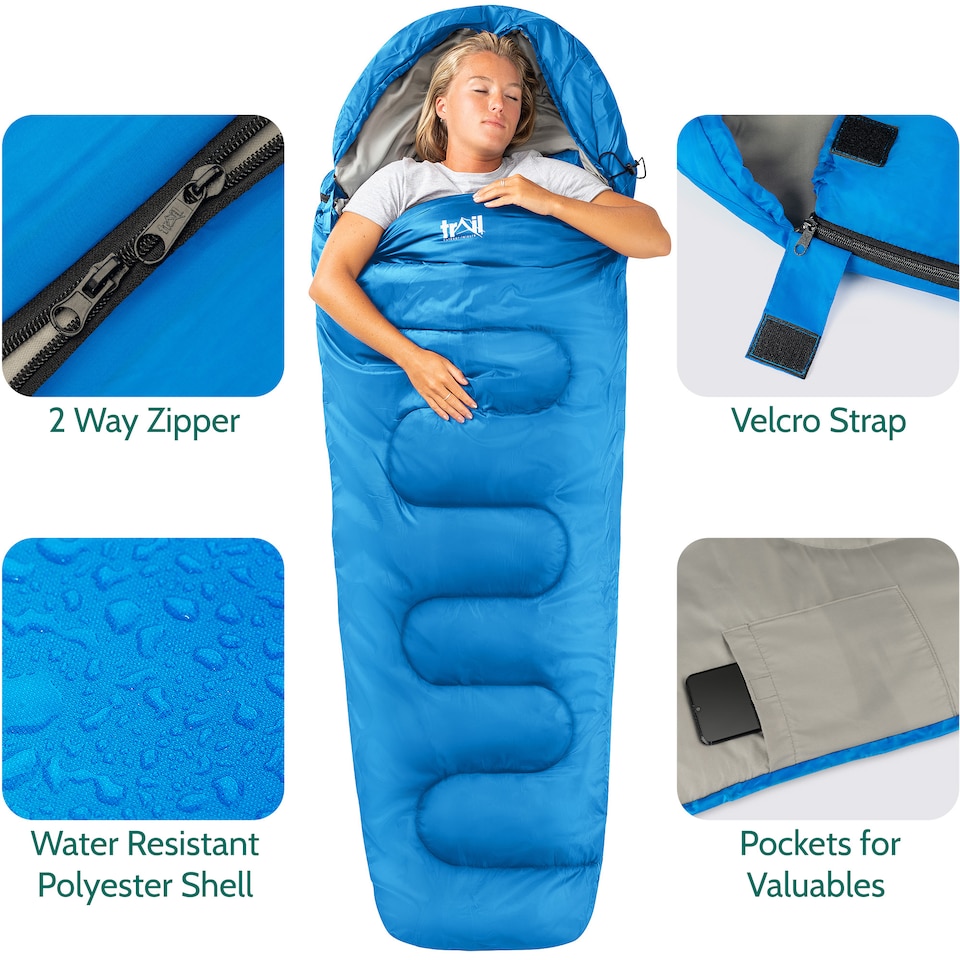 image 1 of Mummy Sleeping Bag 3 Season Waterproof Adult Single Outdoor Camping Trail | Blue | Single | 1