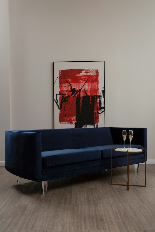 image 1 of Velvet Upholestred Dark Blue Sofa,3-Seater Lounge Sofa With Low Armrests,Luxe Couch, Sofa Seat For Patio | Blue | Two Seater