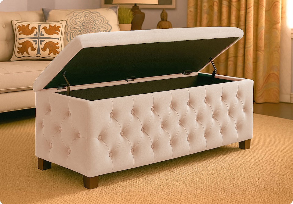 image 1 of 137cm Wide Empire Ottoman Storage Box with Legs, Cream Velvet Chesterfield Upholstered Ottoman Footstool Coffee Table