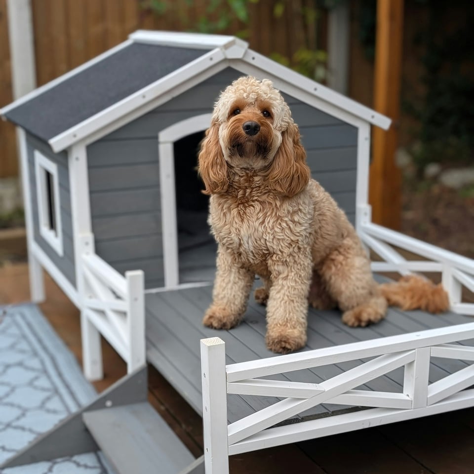 image 1 of PawHut Wooden Dog House w/ Porch, Water-resistant Roof, for S M Dogs, Grey | Multi