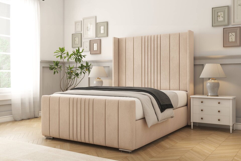 image 1 of Sloomy Hargrave Sand Naples Bed Frame With Mattress With 50"  Upholstered Wingback Headboard 4' Small Double
