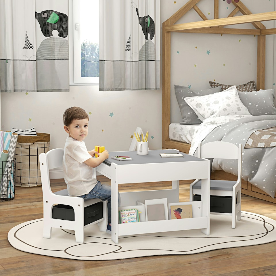 image 1 of HOMCOM 3-Piece Kids Table and Chair Set for Nursery, Playroom, Classroom | Multi | 61.5L x 61.5W x 48H cm | 3