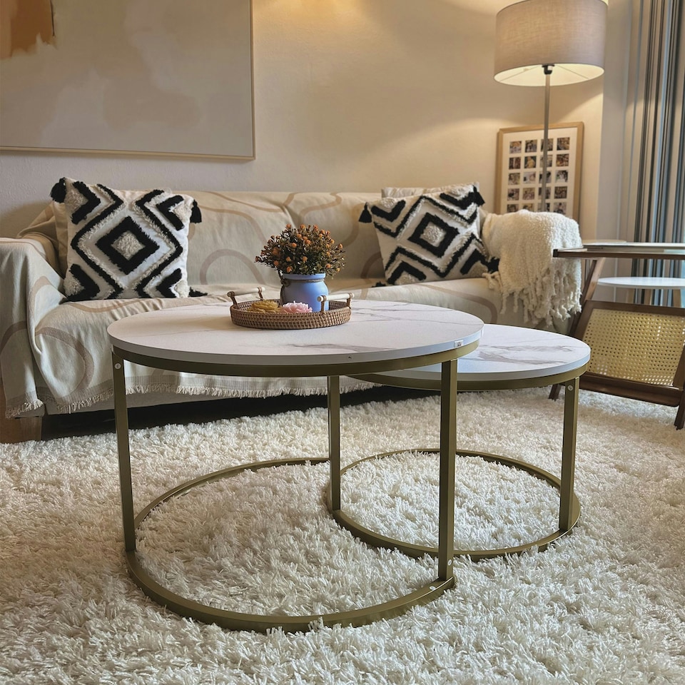 image 1 of HOMCOM Marble Coffee Table Set of 2, Round Nest of Tables, White 