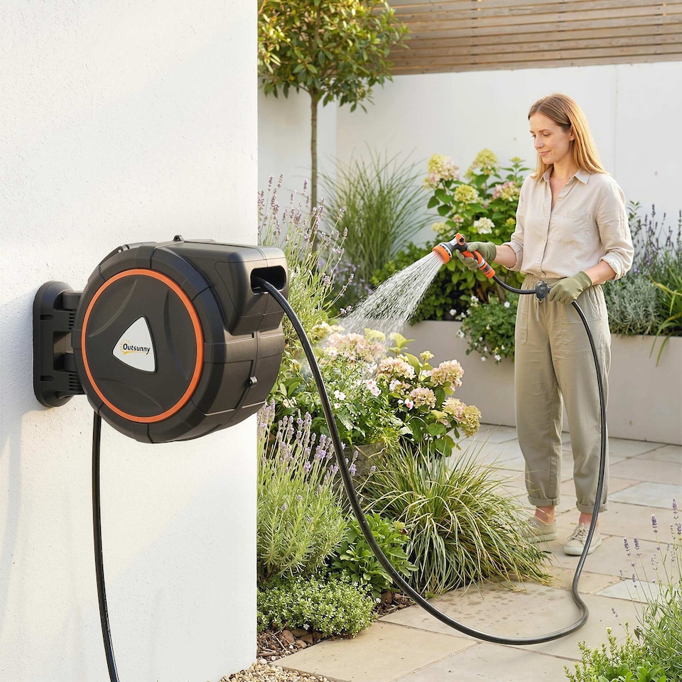 image 1 of Outsunny 28+2m Retractable Hose Reel Wall Mounted with Auto Retraction