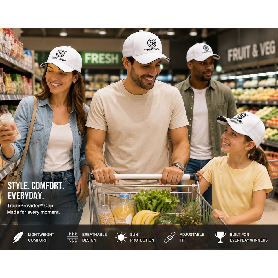 image 1 of TradeProvider Premium Adjustable Baseball Cap, Curved Peak with Contrast Pipping for Men & Women (White)