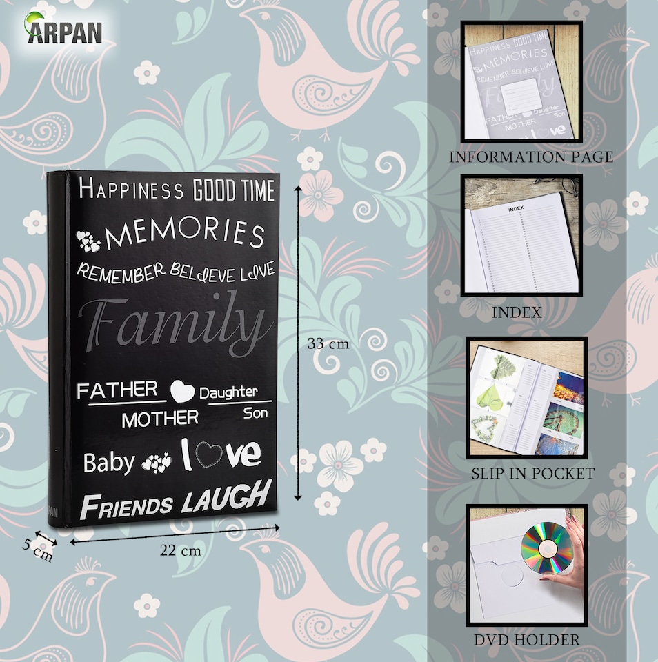 image 1 of ARPAN Large Slip In Memo Photo Album for 300 Photos 6x4" (10x15cm) – Bookbound Picture Album with Memo Writing Space, Index Pages & CD/DVD Pocket for Family, Wedding & Travel Memories