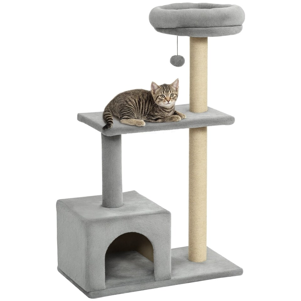 image 1 of PawHut Cat Tree Tower Indoor with Condo Sisal Scratch Post, 96cm Tall, Grey