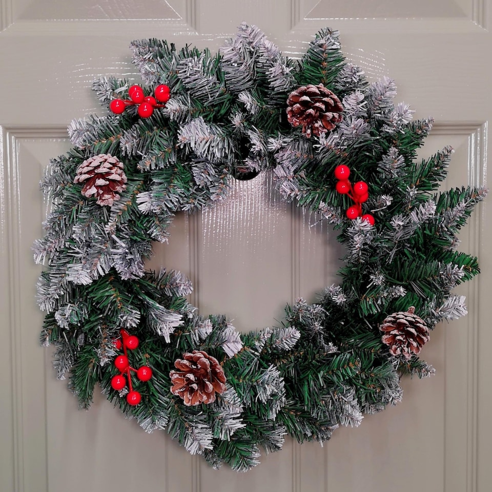 image 1 of 45cm Snow Tipped Green Wreath Christmas Decoration with 125 Tips, Pine Cones and Berries