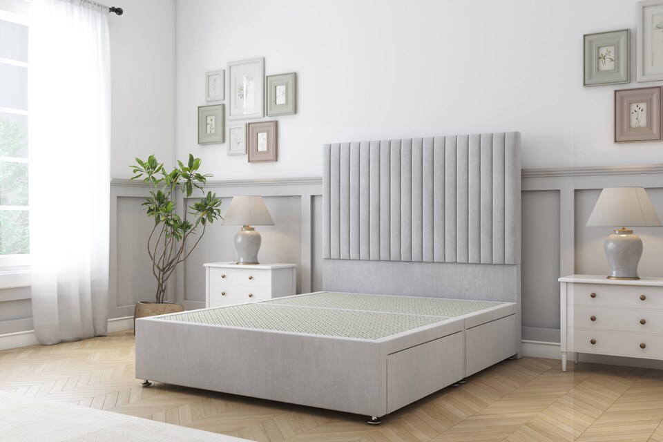 image 1 of Sloomy Manhattan Silver Naples Divan Bed Base 4 Drawers With 54 Inch Floor Standing Headboard | Silver | Silver | King | 1