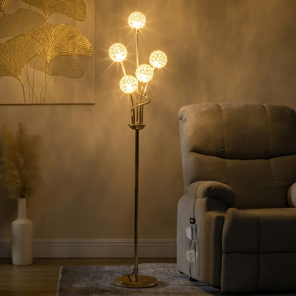 image 1 of HOMCOM Modern Floor Lamp w/ K9 Crystal Shade, 5 Light, for Living Room, Gold