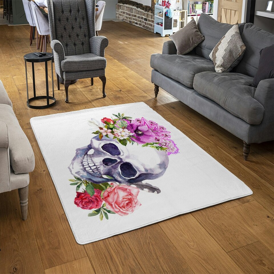 image 1 of Human skull with flowers (Rug) Pink | Medium: 80x150cm