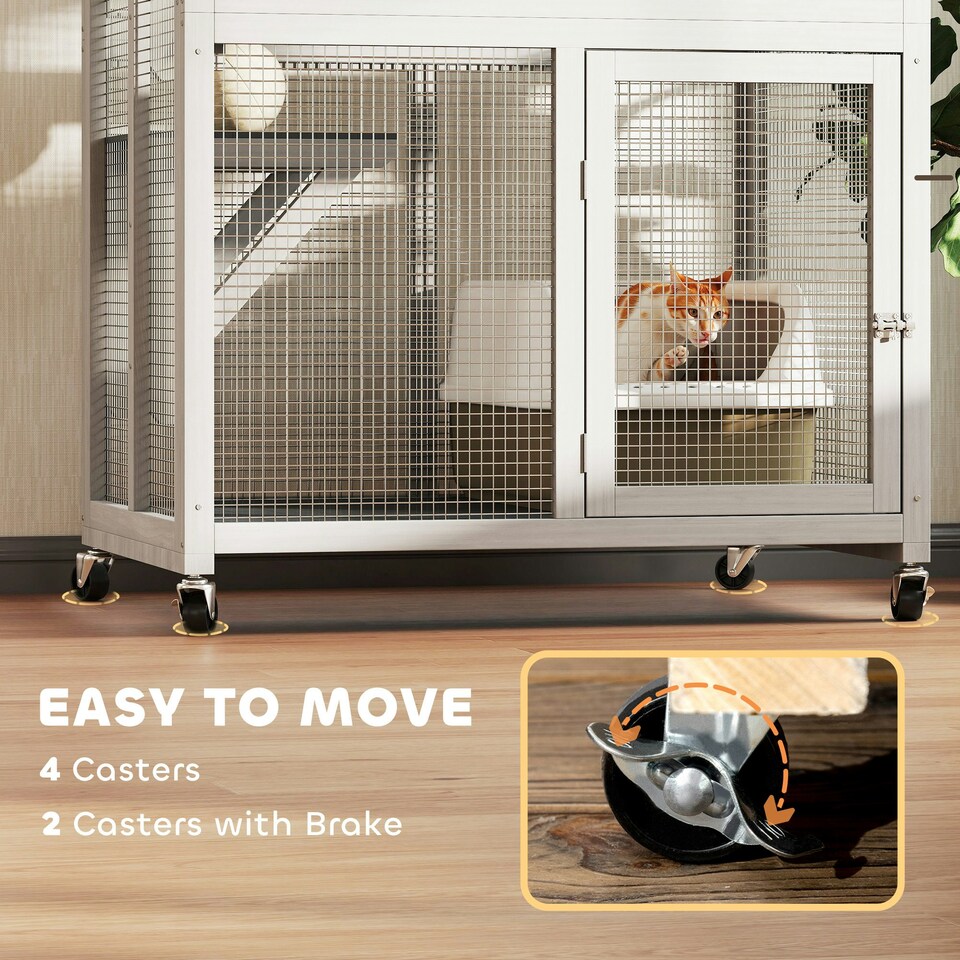 image 1 of PawHut Wooden Cat House with Asphalt Roof, Cat Cage for Multiple Cats White White | Dark grey