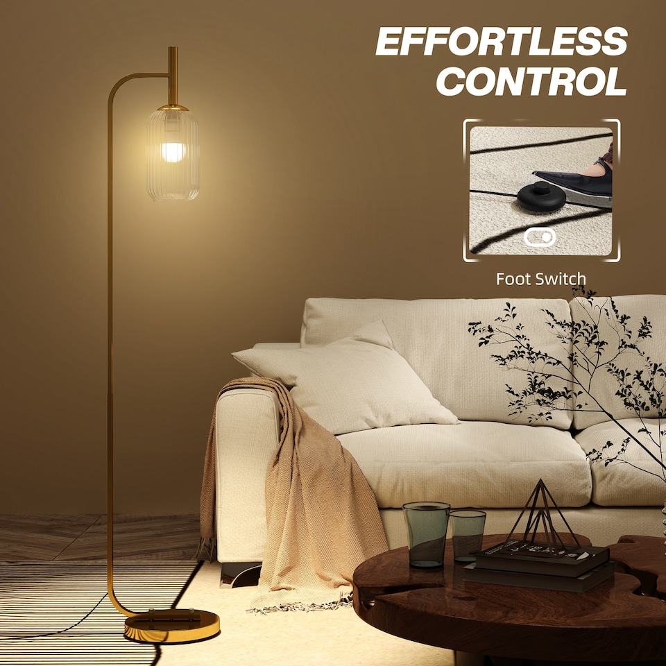 image 1 of HOMCOM Floor Lamp for Living Room with Glass Lampshade, Modern Standing Lamp with Foot Switch for Bedroom, Bulb not Included, Gold Tone
