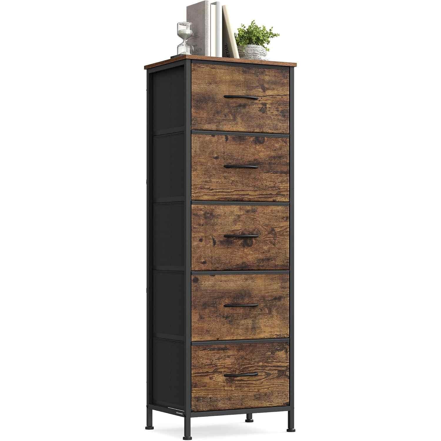 Bedroom Fabric Chest of Drawers, 5-Drawer Storage Organiser for Closet, Hallway and Living Room, Rustic Brown and Ink Black