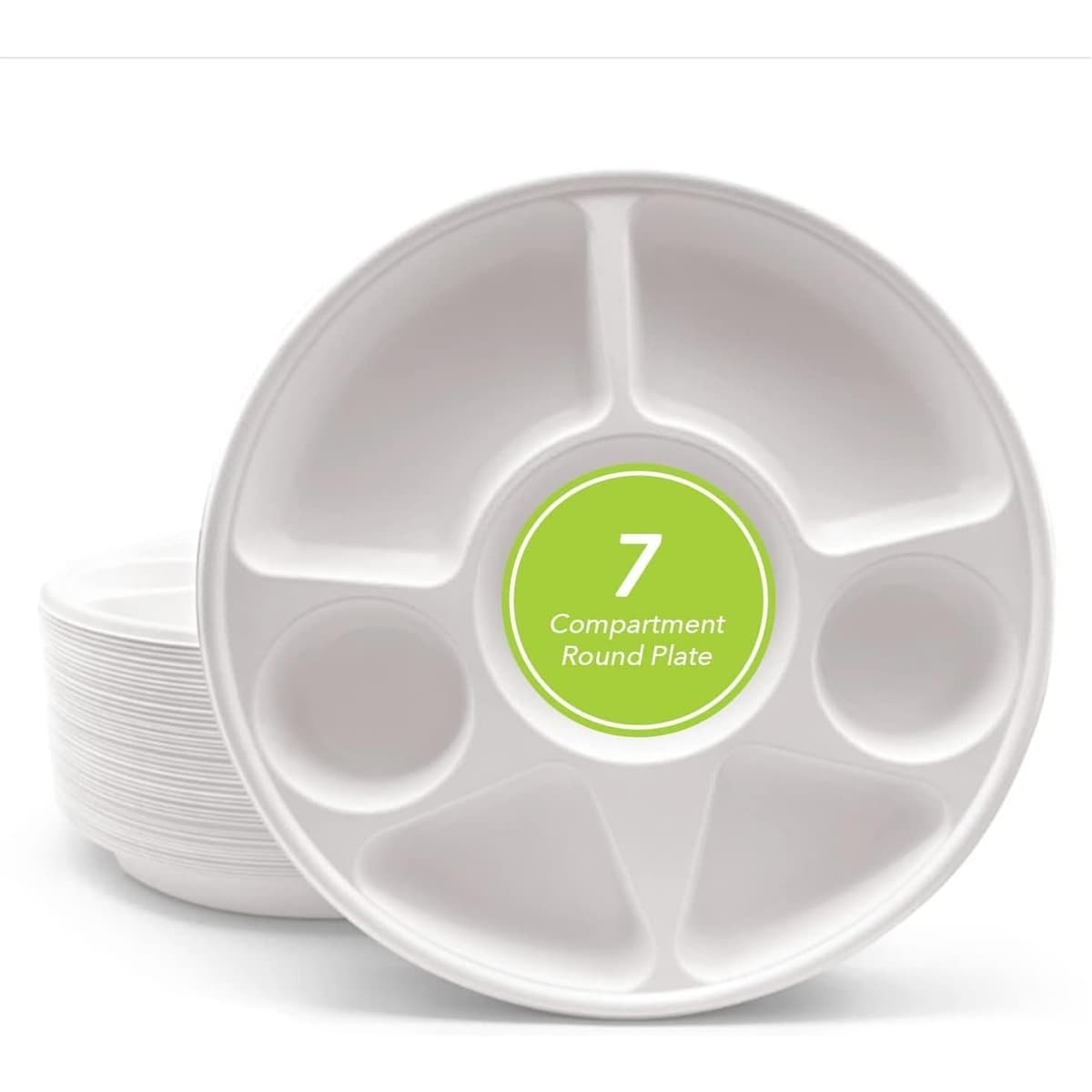 ECONX 7 Compartment Round Bagasse Plates Heavy Duty Disposable Dinner Plates in White | Size: 200 Pieces