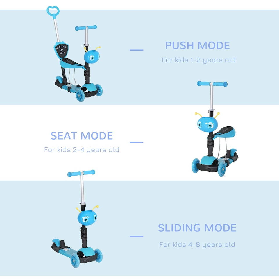 image 1 of HOMCOM 5-in-1 Kids' Blue 3-Wheel Kick Scooter With Removable Seat