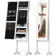 HOMCOM Freestanding Mirror Jewelry Cabinet with LED Lights, Jewellery Organiser with 3 Angle Adjustable, Full-Length Mirror with Storage for Earrings, Necklaces, Rings and Lipsticks, Warm White