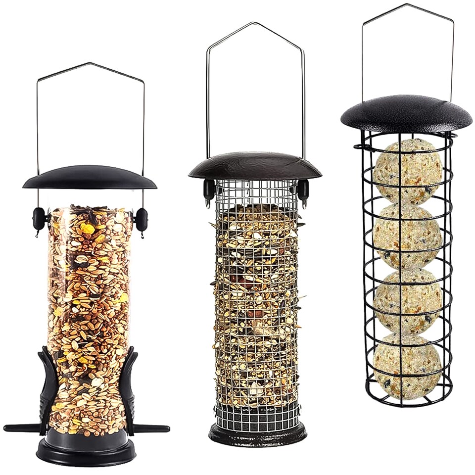 image 1 of Set of 3 Metal Bird Feeders Easy Fill Hanging Nut & Seed Feeders for Wild Birds Medium