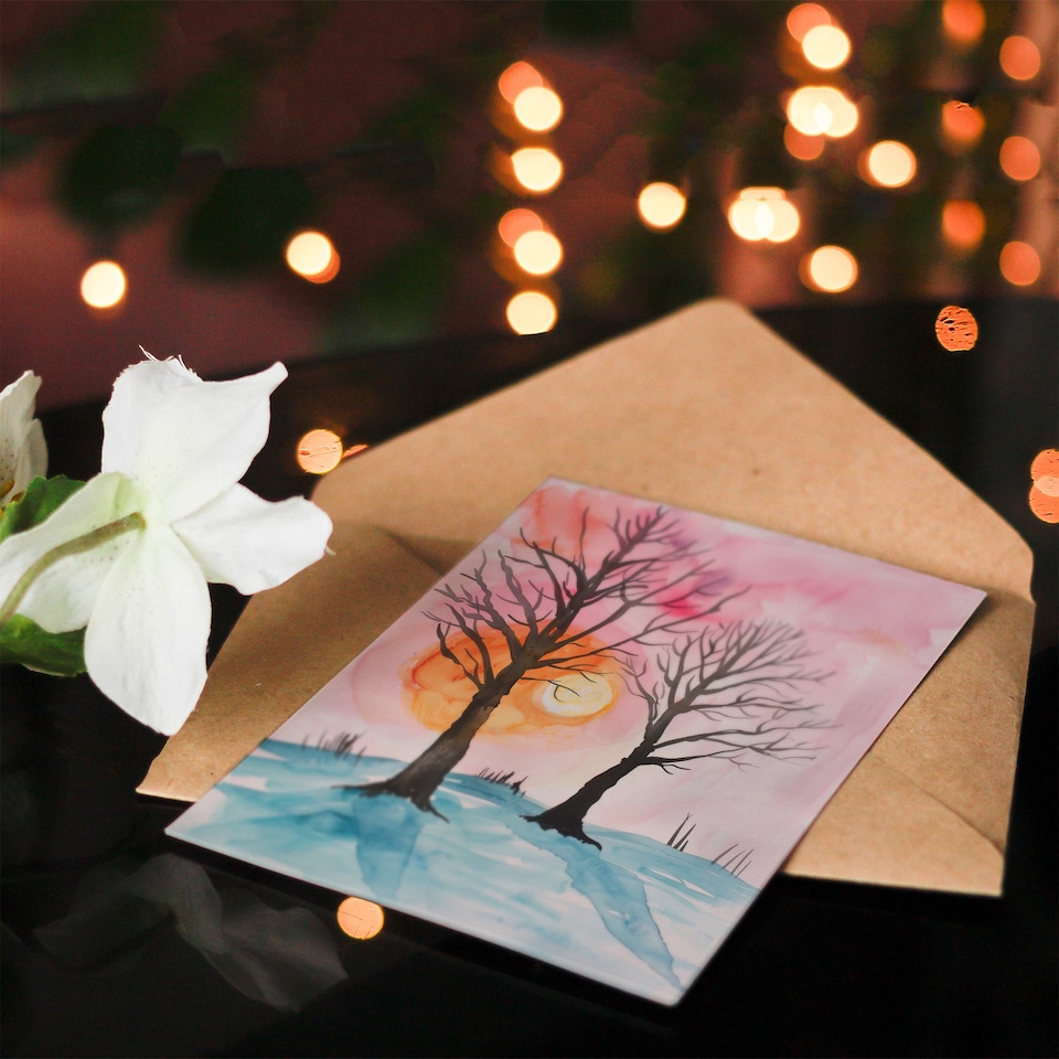 image 1 of Greeting Card Two Trees Misty Sunset Winter Snow Landscape Birthday