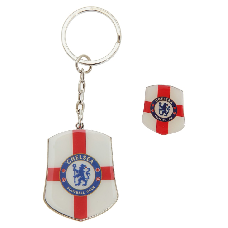 Chelsea FC Official England St George Flag Metal Football Pin Badge & Keyring Set - White/Red/Blue - One Size