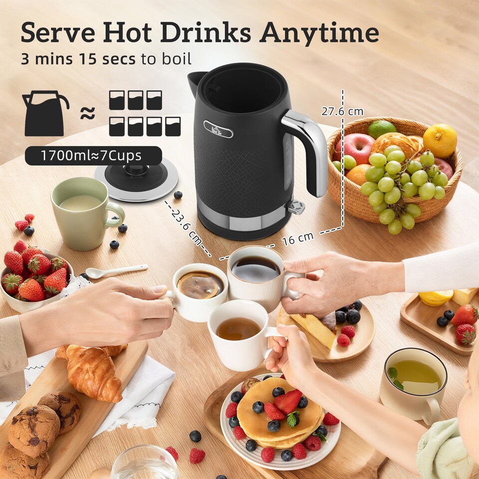 image 1 of HOMCOM Kettle and Toaster Set, 1.7L 3000W Rapid Boil Jug Kettle with Otter Thermostat, Limescale Filter, 4 Slice Toaster with 7 Browning Controls, Crumb Tray, Black | Black