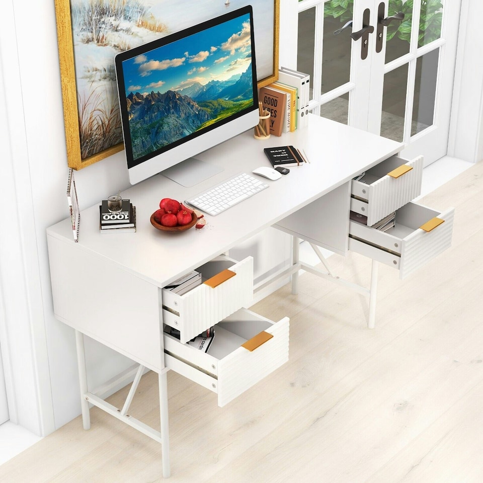 image 1 of COSTWAY Modern Computer Desk with 4 Drawers White