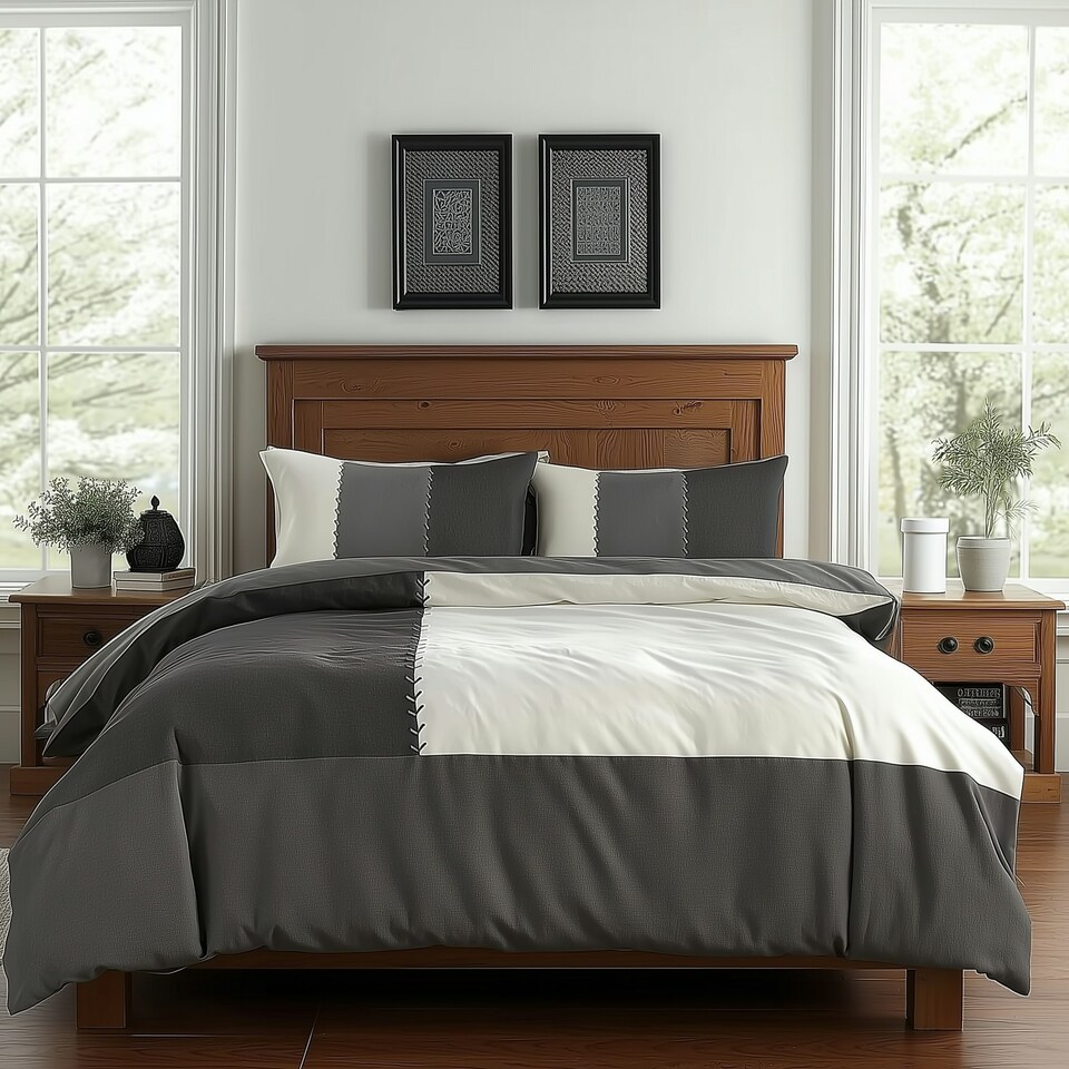 image 1 of Duvet Cover And Pillowcase Set Black Blue Chocolate Patchwork Design Polycotton Bed Linen Black | Black | King