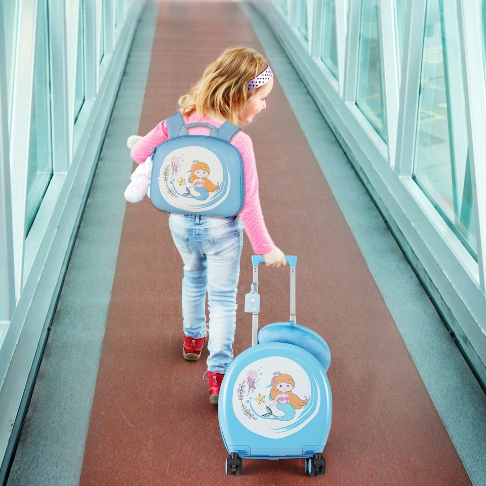 image 1 of COSTWAY 4-Piece Luggage Set Kids Journey Suitcase Set Blue | Blue | Cabin Bag