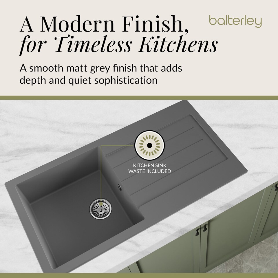image 1 of Balterley 100cm Kitchen Single Bowl Composite Inset Sink with Overflow & Reversible Drainer