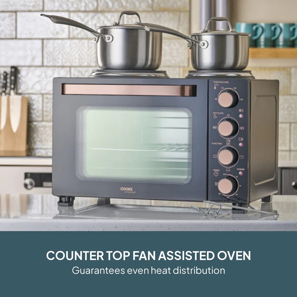 image 1 of Cooks Professional 28L Mini Oven with 2 Hobs - Electric Multifunction Countertop Cooker | Black | Black & Copper