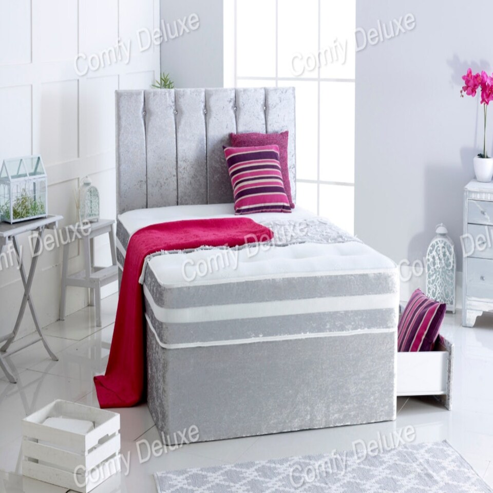 Florence Silver Crush Velvet 4FT6 Double Divan Bed With  Headboard & Matching Mattress 2 Drawers One Each Side