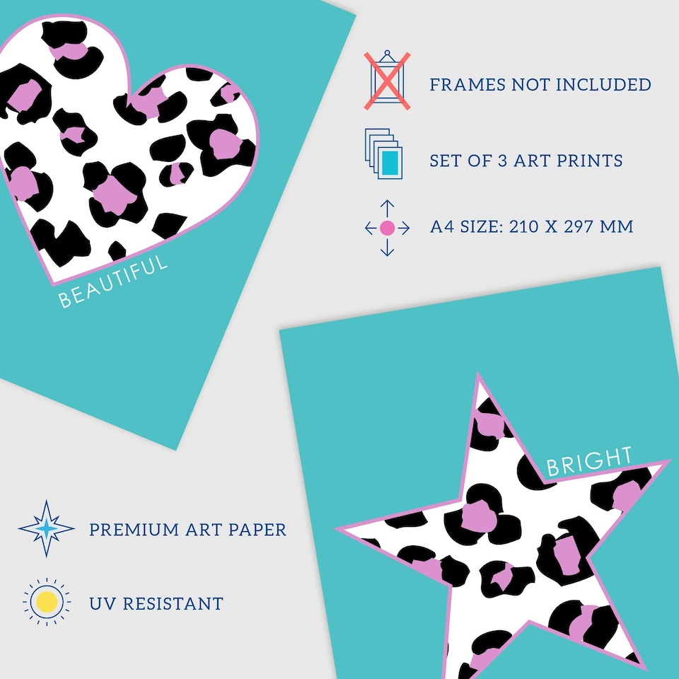 image 1 of Set of 3 Purple Leopard Pattern Heart Lightning Star Turquoise Wall Art Print A4