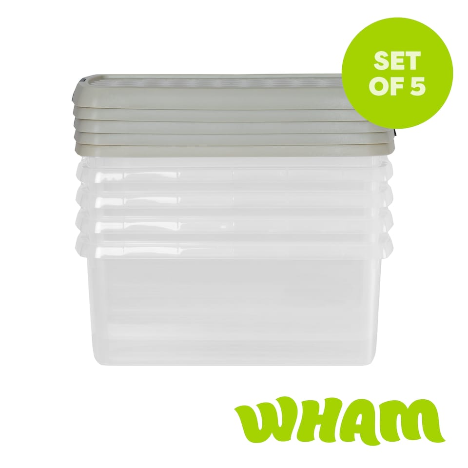 image 1 of Wham Clip 5x 10.5L Rectangular Plastic Storage Boxes with Clip Lock Lids. Ideal for Home, Office, Toys & More - Clear/Stone | Cream | Stone | 5