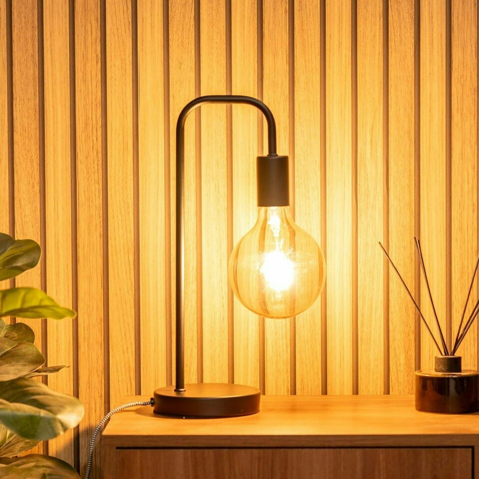 image 1 of ValueLights Bronx Industrial Style Black Metal Curved Stem Bedside Table Lamp Light - Bulb Included