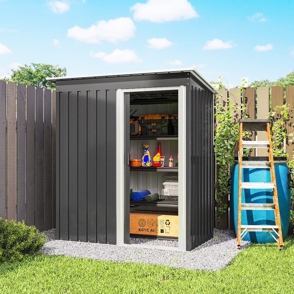 image 1 of Outsunny 5 x 3ft Garden Storage Shed with Sliding Door and Sloped Roof, Lean to Outdoor Equipment Tool Shed for Garden, Black