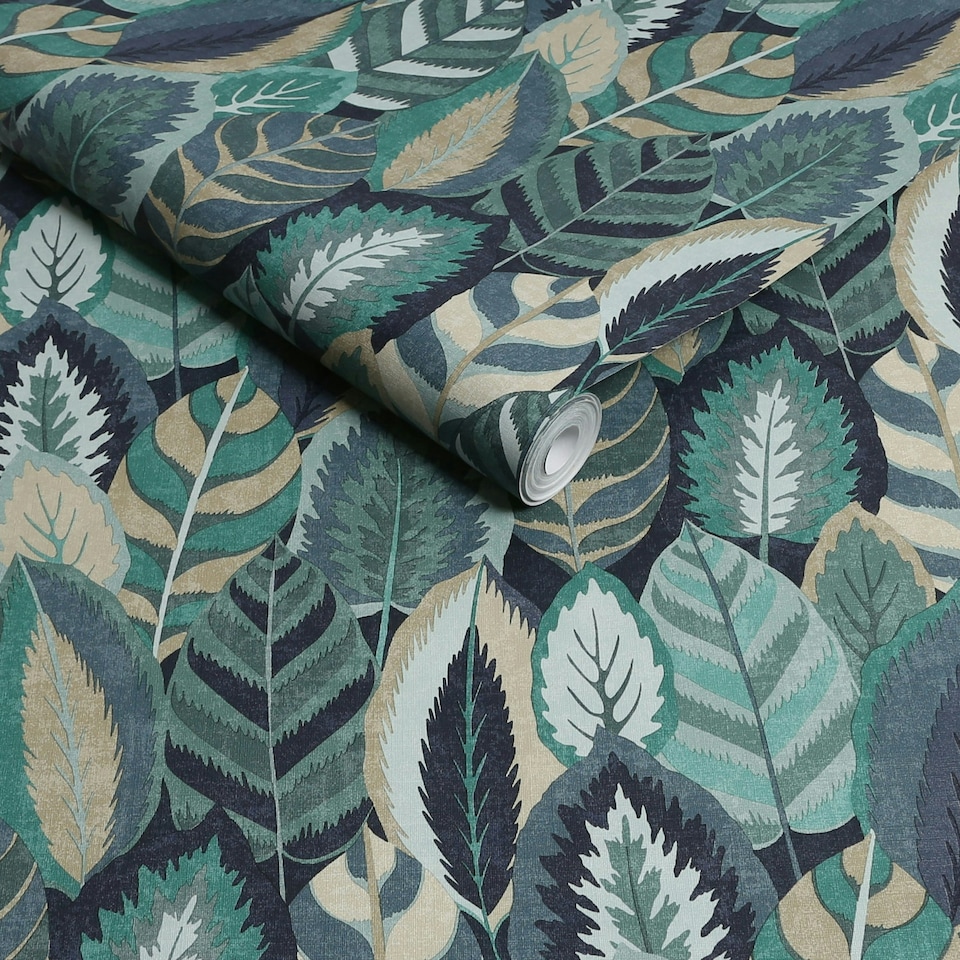 image 1 of Sublime Arty Leaves Blue Wallpaper Blue | Blue