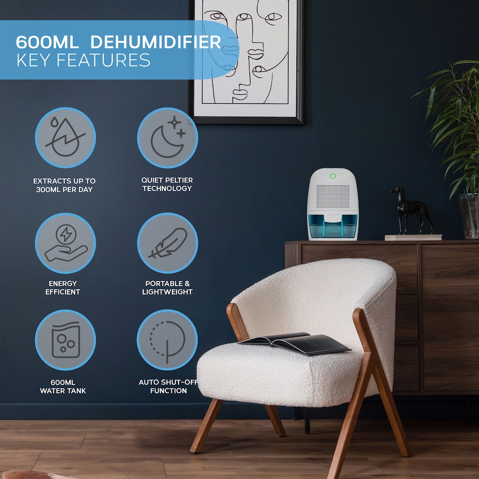 image 1 of Air Pro Mini Dehumidifier Portable Electric Mould & Damp Remover 300ml/Day  Moisture Absorber 600ml Water Tank Condensation Remover | White | White / Blue | 1