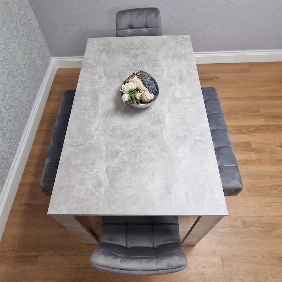 image 1 of Grey Wooden Dining Table Set with 2 Chairs and 2 Benches Dining Kitchen Furniture