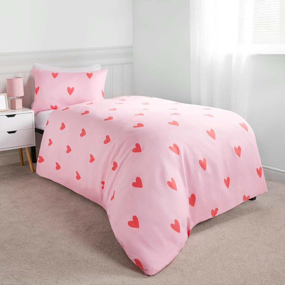 image 1 of OHS Gingham Hearts Reversible Print Duvet Cover and Pillowcase Set, Single - Coral/Pink