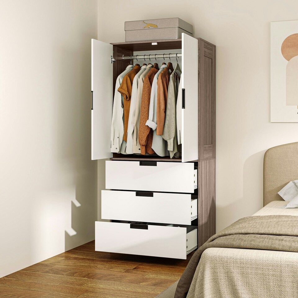 image 1 of HOMCOM 2 Door Wardrobe Brown Wardrobe with 3 Drawer and Hanging Rod Brown