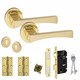 image 1 of Golden Grace Wave Handles Set on Round Rose in Electro Brass Finish with 64mm 3 Lever Mortise Lock, 3" Ball Bearing Hinges and Key Hole Gold