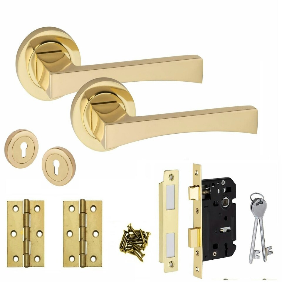 image 1 of Golden Grace Wave Handles Set on Round Rose in Electro Brass Finish with 64mm 3 Lever Mortise Lock, 3" Ball Bearing Hinges and Key Hole Gold