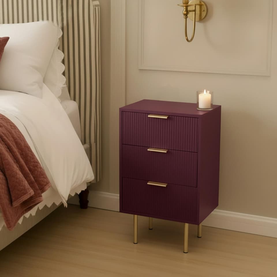 image 1 of OHS Ribbed Bedside Table Modern Bedroom 3 Draw Office Nightstand | Red | Dark Berry
